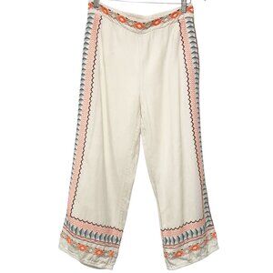 Anthropologie Ivory Islander Embroidered Straight Leg Cropped Pants 2 Boho Beach